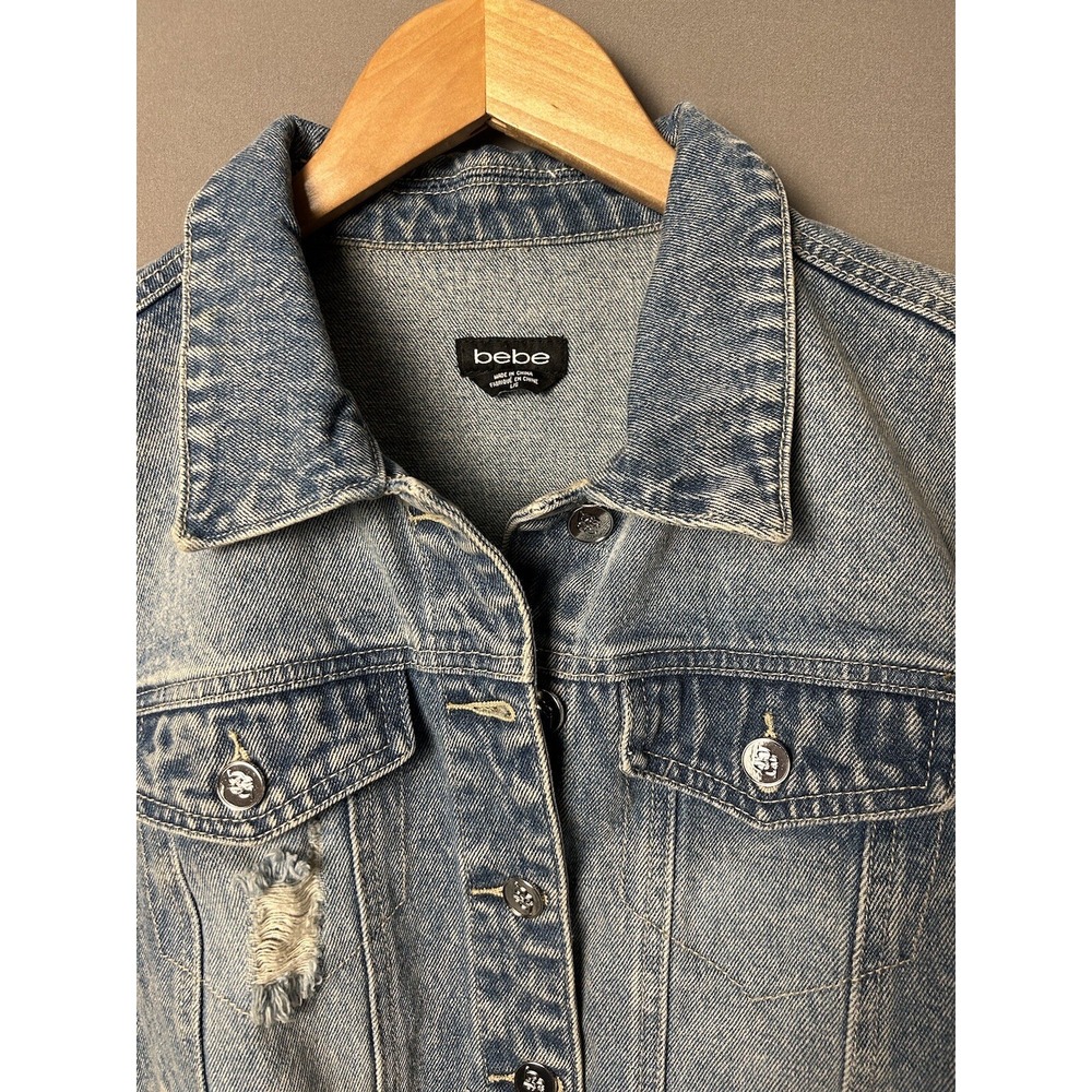 Bebe Jacket Large Embroidered Cropped Denim Distressed Frayed Hem - Picture 5 of 13